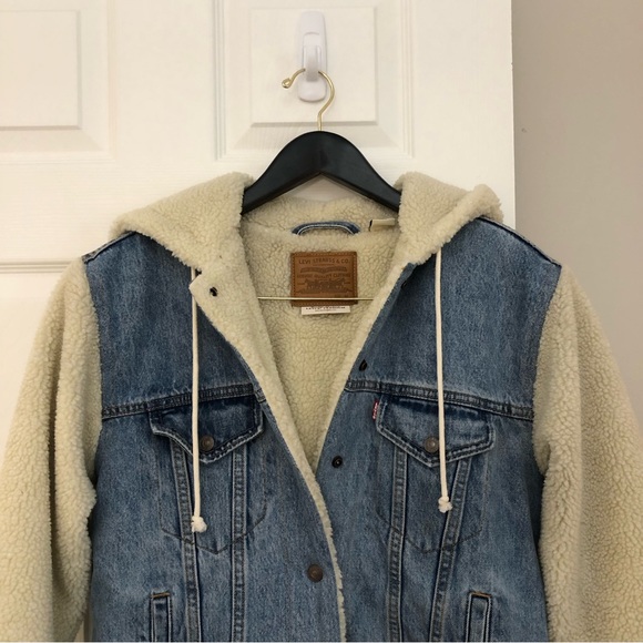 Levi's Premium Ex-Boyfriend Sherpa Hooded Trucker Jean Jacket Medium - Picture 5 of 16
